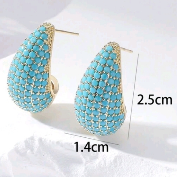 NEW! Gold Plated Turquoise Teardrop Trendy & Chic Post Earrings - Picture 3 of 4